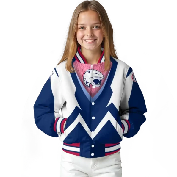 customized south alabama jaguars v stripes blue white varsity jacket top rated.webp