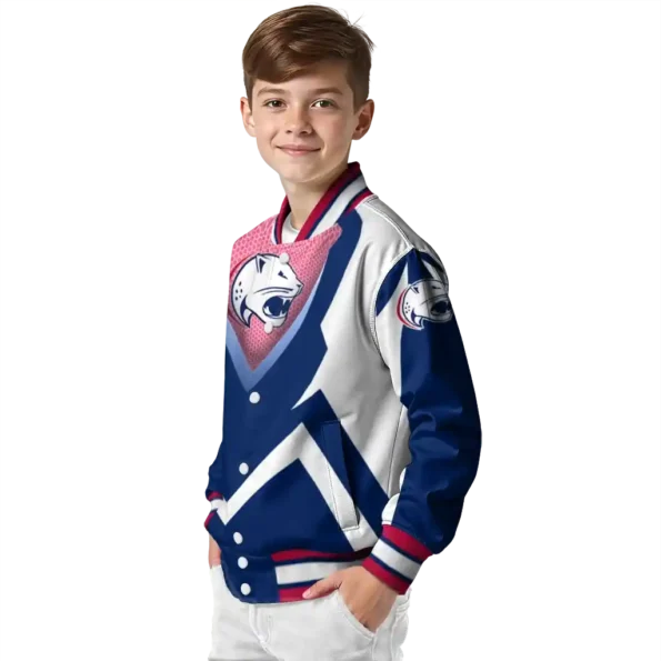 customized south alabama jaguars v stripes blue white varsity jacket trendy.webp