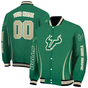 customized south florida bulls chevron arrow green varsity jacket fashion forward.webp