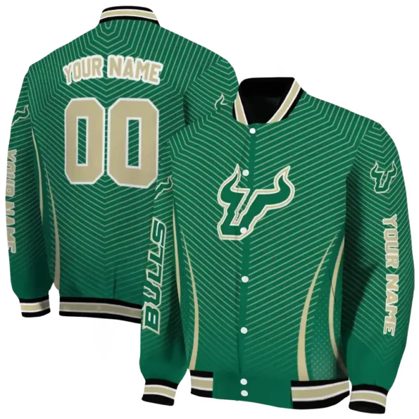customized south florida bulls chevron arrow green varsity jacket fashion forward.webp