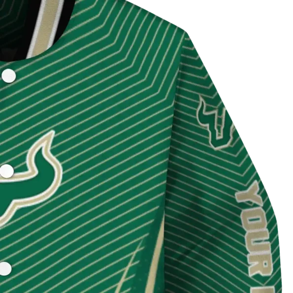 customized south florida bulls chevron arrow green varsity jacket premium grade.webp