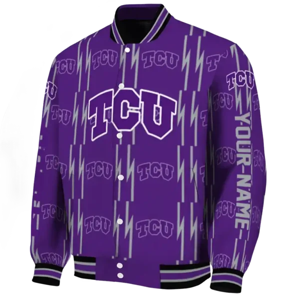 customized tcu horned frogs bolt stripe purple varsity jacket best selling.webp