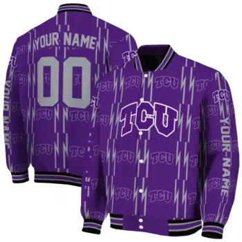 customized tcu horned frogs bolt stripe purple varsity jacket fashion forward.webp