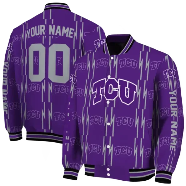 customized tcu horned frogs bolt stripe purple varsity jacket fashion forward.webp