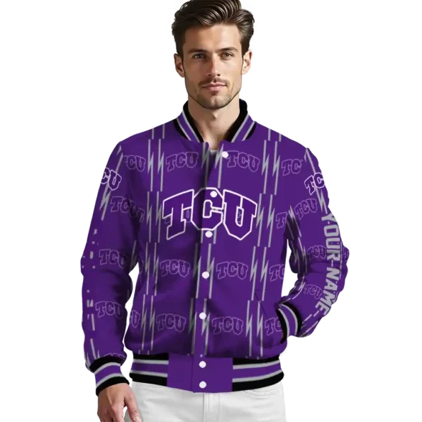 customized tcu horned frogs bolt stripe purple varsity jacket high quality.webp