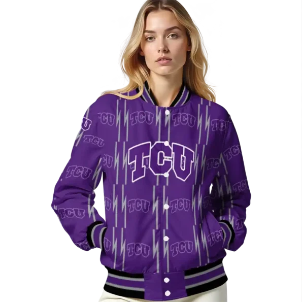 customized tcu horned frogs bolt stripe purple varsity jacket latest model.webp