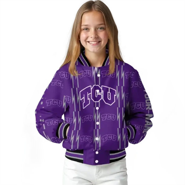 customized tcu horned frogs bolt stripe purple varsity jacket top rated.webp