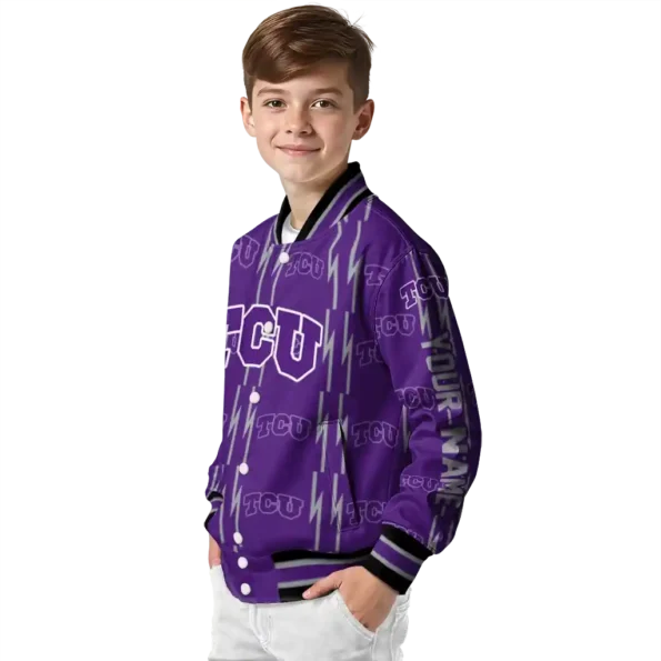 customized tcu horned frogs bolt stripe purple varsity jacket trendy.webp