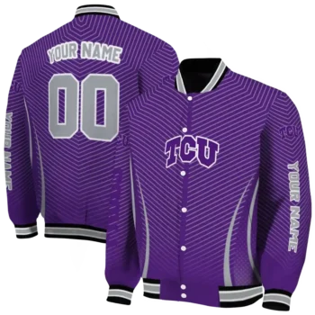 customized tcu horned frogs chevron arrow purple varsity jacket fashion forward.webp