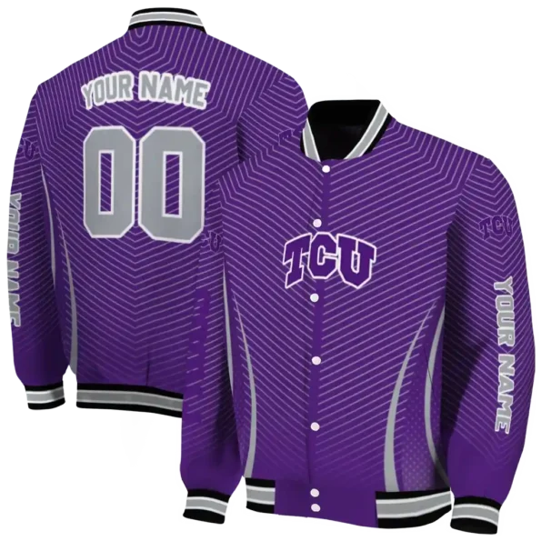customized tcu horned frogs chevron arrow purple varsity jacket fashion forward.webp