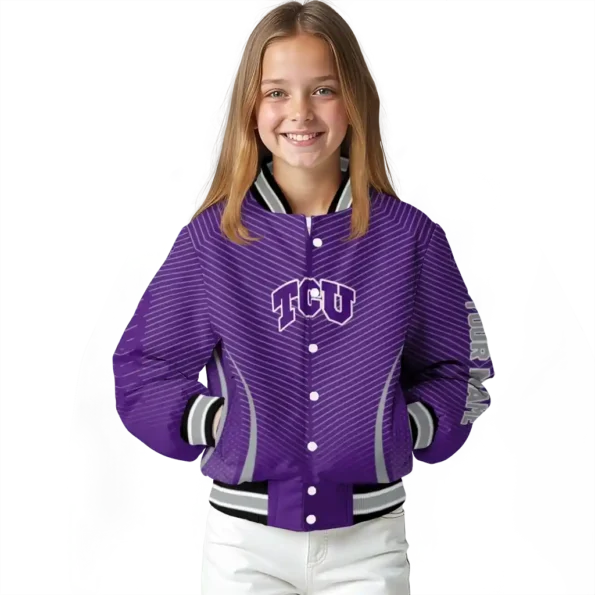 customized tcu horned frogs chevron arrow purple varsity jacket top rated.webp