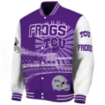 customized tcu horned frogs ferris arena purple white varsity jacket best selling.webp