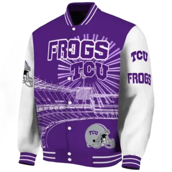 customized tcu horned frogs ferris arena purple white varsity jacket best selling.webp