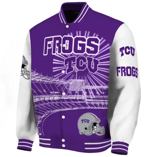 customized tcu horned frogs ferris arena purple white varsity jacket best selling.webp