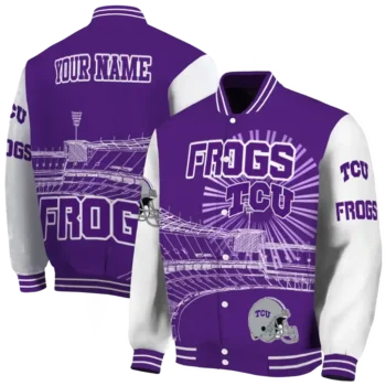 customized tcu horned frogs ferris arena purple white varsity jacket fashion forward.webp
