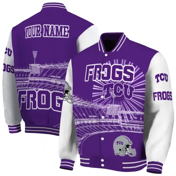 customized tcu horned frogs ferris arena purple white varsity jacket fashion forward.webp