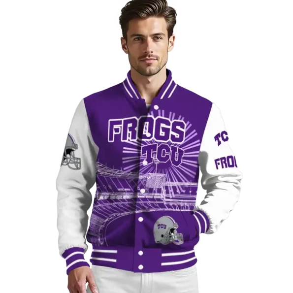 customized tcu horned frogs ferris arena purple white varsity jacket high quality.webp