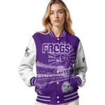 customized tcu horned frogs ferris arena purple white varsity jacket best selling.webp