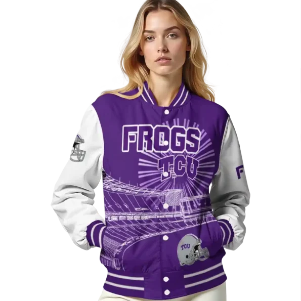 customized tcu horned frogs ferris arena purple white varsity jacket latest model.webp