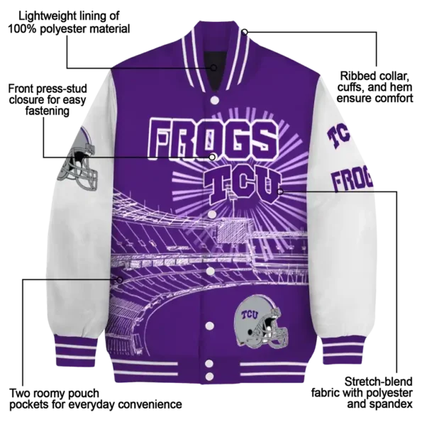 customized tcu horned frogs ferris arena purple white varsity jacket new arrival.webp