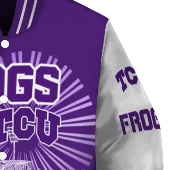customized tcu horned frogs ferris arena purple white varsity jacket premium grade.webp