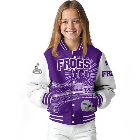customized tcu horned frogs ferris arena purple white varsity jacket top rated.webp