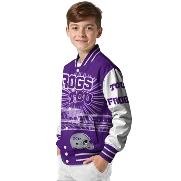 customized tcu horned frogs ferris arena purple white varsity jacket trendy.webp