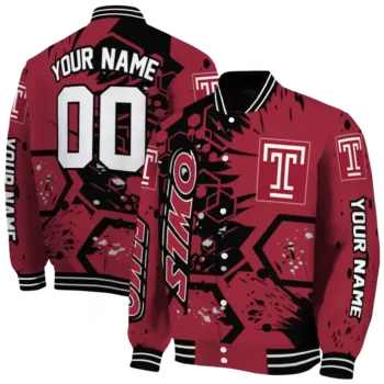 customized temple owls hexagon cluster red black varsity jacket fashion forward.webp
