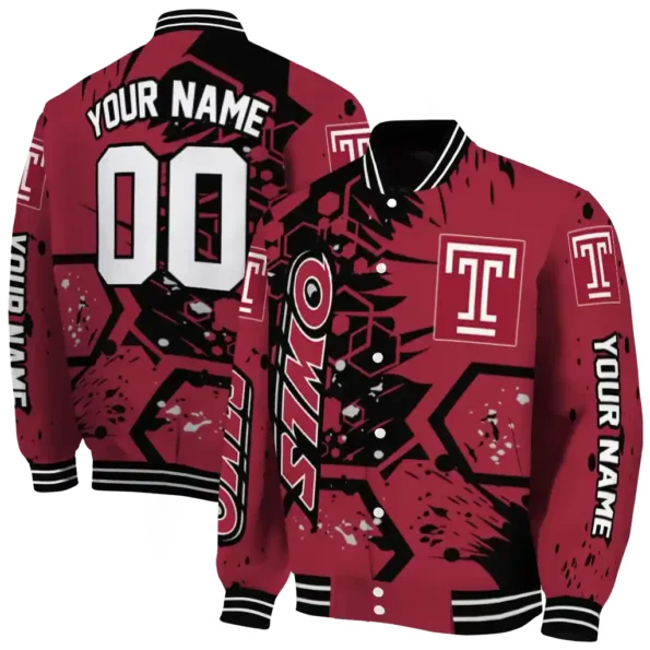 customized temple owls hexagon cluster red black varsity jacket fashion forward.webp