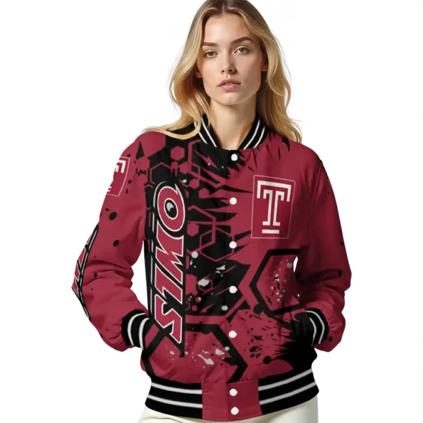 customized temple owls hexagon cluster red black varsity jacket latest model.webp