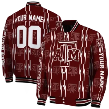 customized texas am aggies bolt stripe maroon varsity jacket fashion forward.webp