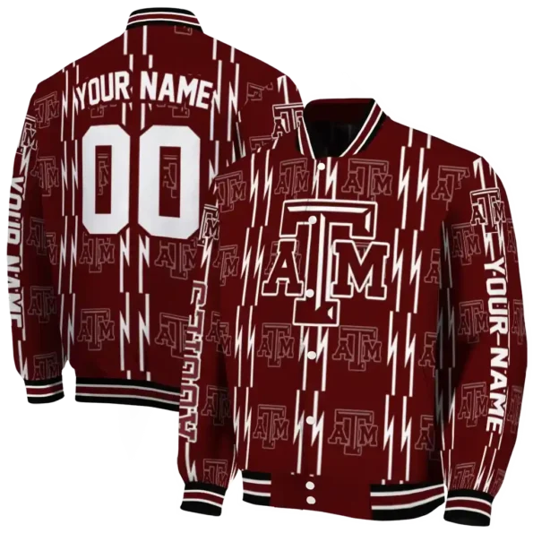 customized texas am aggies bolt stripe maroon varsity jacket fashion forward.webp