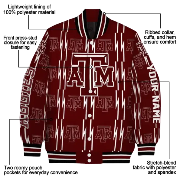 customized texas am aggies bolt stripe maroon varsity jacket new arrival.webp