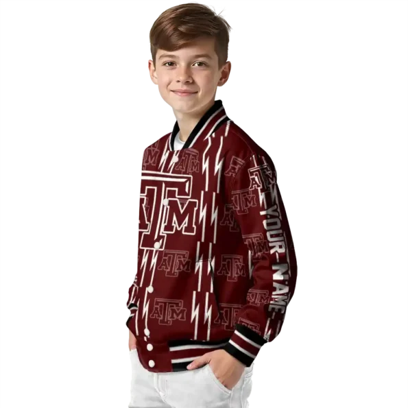 customized texas am aggies bolt stripe maroon varsity jacket trendy.webp