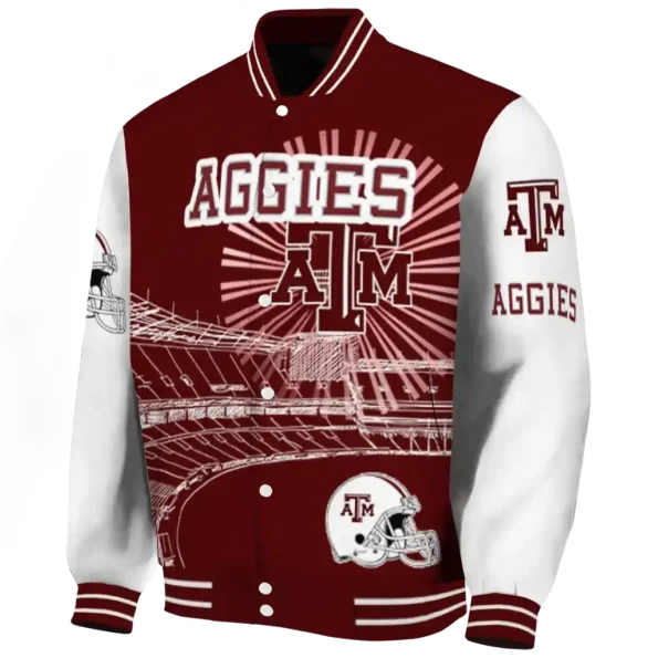 customized texas am aggies ferris arena maroon white varsity jacket best selling.webp