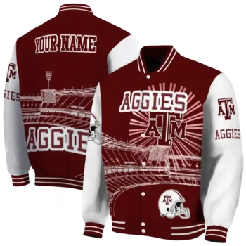 customized texas am aggies ferris arena maroon white varsity jacket fashion forward.webp