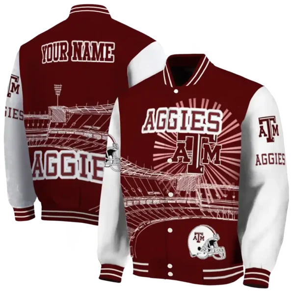 customized texas am aggies ferris arena maroon white varsity jacket fashion forward.webp