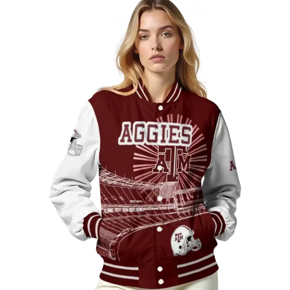 customized texas am aggies ferris arena maroon white varsity jacket latest model.webp