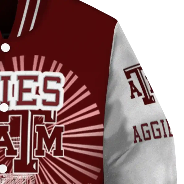 customized texas am aggies ferris arena maroon white varsity jacket premium grade.webp