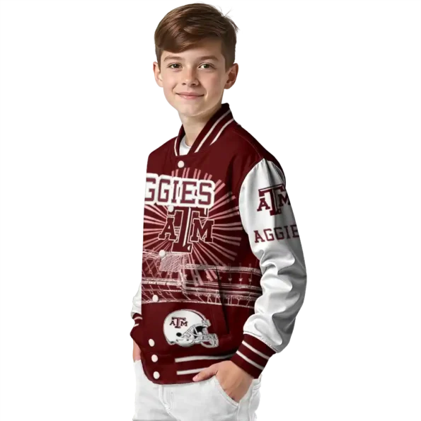customized texas am aggies ferris arena maroon white varsity jacket trendy.webp