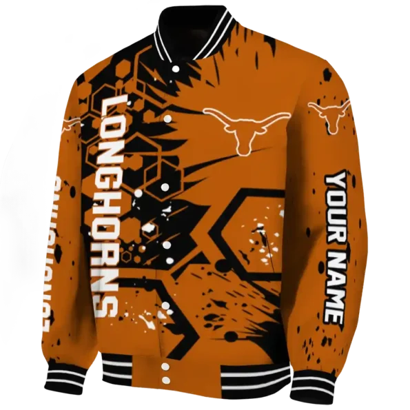 customized texas longhorns hexagon cluster orange black varsity jacket best selling.webp