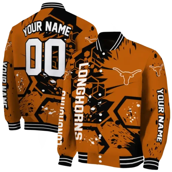 customized texas longhorns hexagon cluster orange black varsity jacket fashion forward.webp