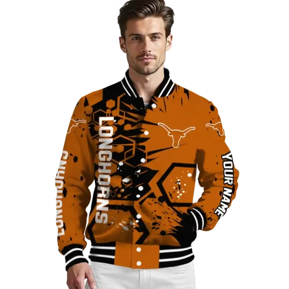 customized texas longhorns hexagon cluster orange black varsity jacket high quality.webp