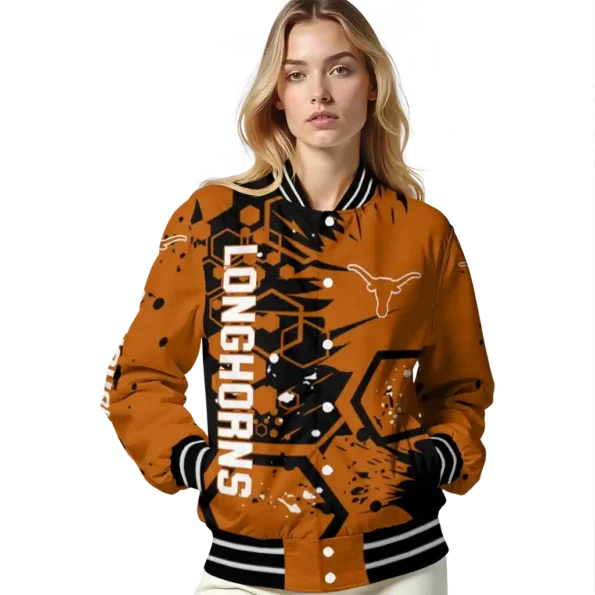 customized texas longhorns hexagon cluster orange black varsity jacket latest model.webp
