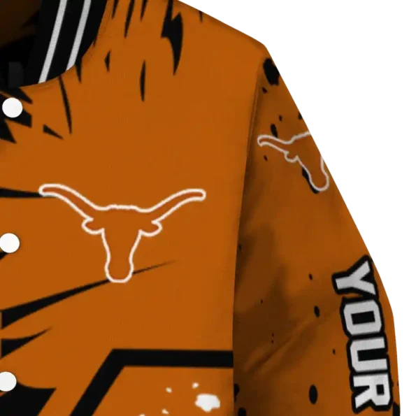 customized texas longhorns hexagon cluster orange black varsity jacket premium grade.webp