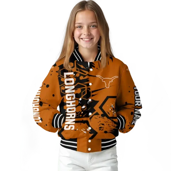 customized texas longhorns hexagon cluster orange black varsity jacket top rated.webp