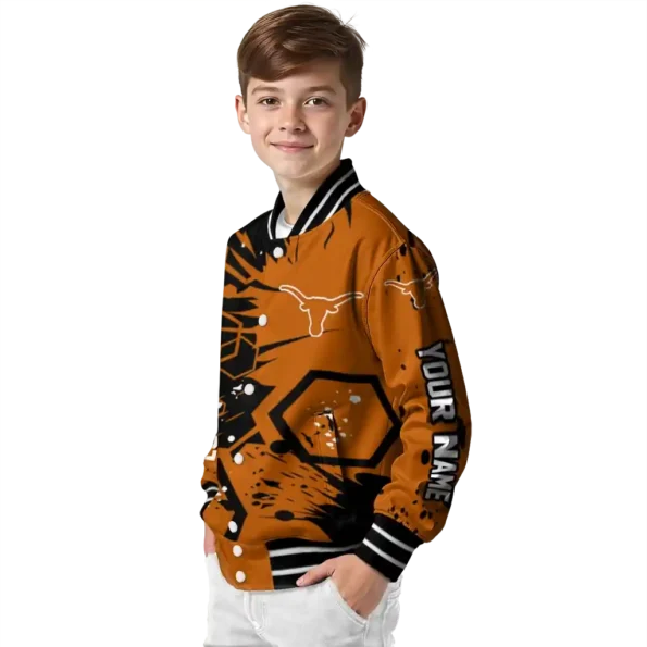 customized texas longhorns hexagon cluster orange black varsity jacket trendy.webp