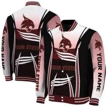 customized texas state bobcats mesh effect maroon black varsity jacket fashion forward.webp