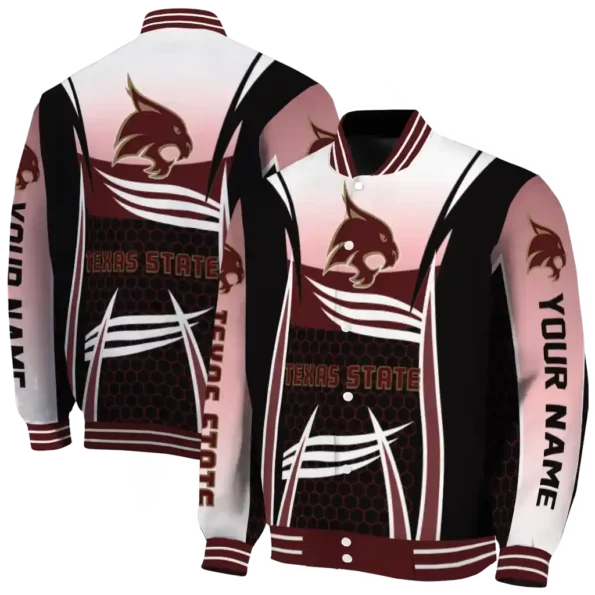 customized texas state bobcats mesh effect maroon black varsity jacket fashion forward.webp
