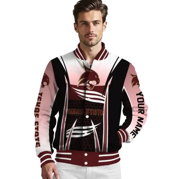 customized texas state bobcats mesh effect maroon black varsity jacket high quality.webp
